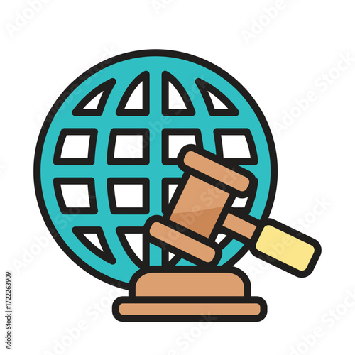 A stylized gavel rests in front of a teal globe with a grid pattern