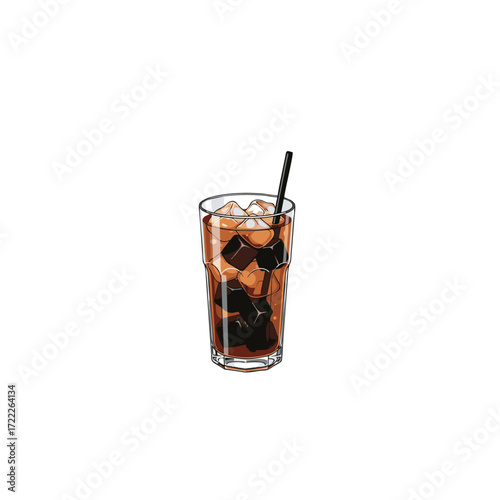 A refreshing glass of iced cola or cold brew coffee with ice cubes and a straw, a vector icon illustration for a cafe menu isolated on a white background