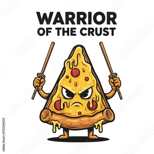Funny pizza warrior cartoon character holding nunchucks with "warrior of the crust" text