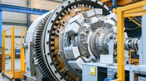 Synchronous generator with a robust metallic steel body, rotating rotor, and stationary stator, installed in a power plant or industrial facility to convert mechanical energy into electricity