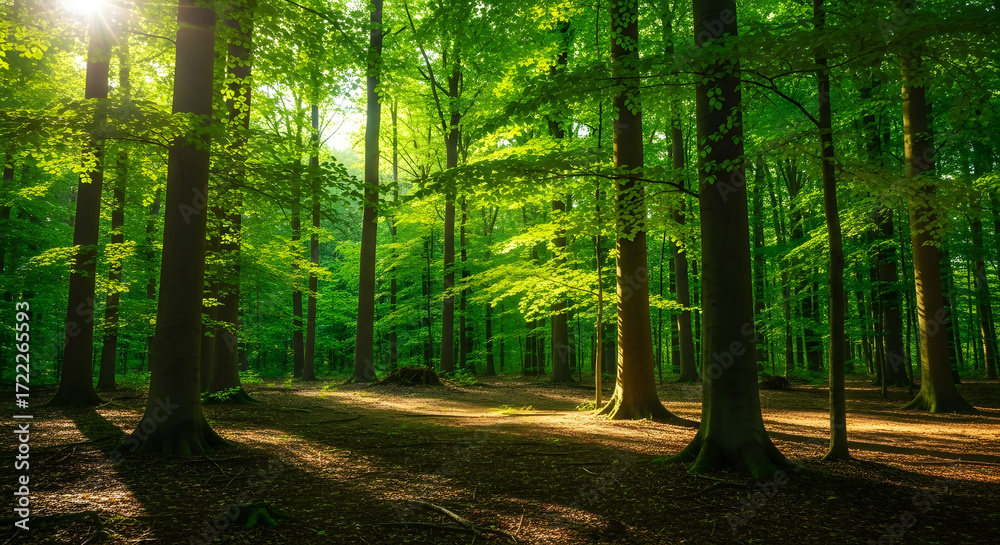 Obraz premium Sun-drenched forest path bathed in warm golden light, creating a serene and inviting natural sanctuary for peaceful exploration.