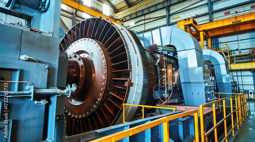 Synchronous generator with a robust metallic steel body, rotating rotor, and stationary stator, installed in a power plant or industrial facility to convert mechanical energy into electricity