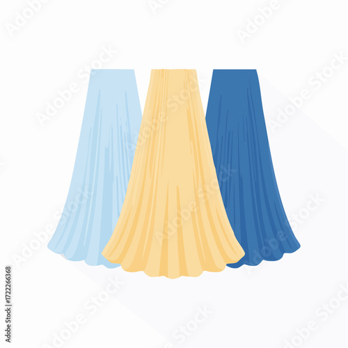 Three Long Flowing Skirts in Blue, Yellow, and Light Blue