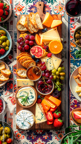 Wallpaper Mural Charcuterie board with cheeses, fruits, dips, bread, and olives on patterned tablecloth. A colorful, gourmet spread perfect for entertaining and food styling. Torontodigital.ca