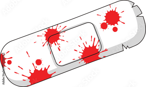 Illustration of a bandage with red splatters resembling blood. Useful for medical or graphic design projects conveying injury or first aid. The bandage is white with red splatter details.