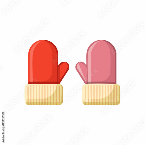 Red And Pink Winter Mittens Pair Flat Illustration