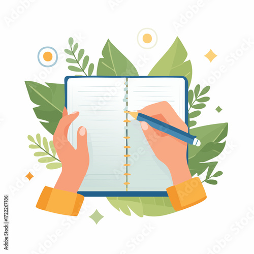 Hands Writing in Notebook Surrounded by Green Leaves