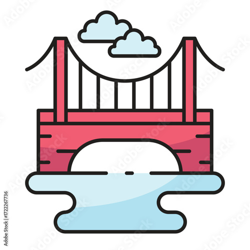 A stylized red suspension bridge spans a light blue body of water under two puffy white clouds