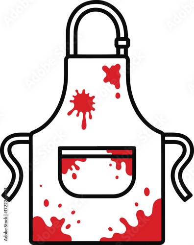 A pixel art illustration depicting a white apron splattered with red paint or blood. The apron has a simple design with a pocket and ties. The style is reminiscent of video game graphics or a cartoon.
