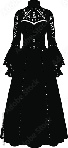 A stunning full-length black gothic dress is showcased against 