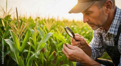 Farmer inspecting corn plants in field with magnifying glass, crop health and agriculture concept