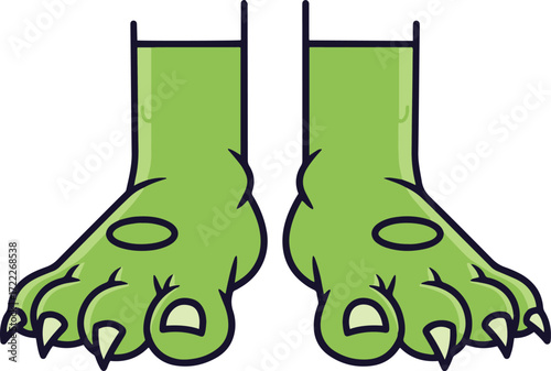 The foreground features a pair of cartoonish monster feet rendered in a pixel art style. The feet are green, with clawed toes and textured skin. 