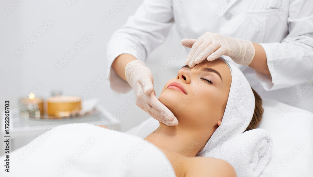 Naklejka premium Young woman enjoying a refreshing facial treatment, rejuvenating and hydrating skin at a spa salon, experiencing relaxation and professional skin care