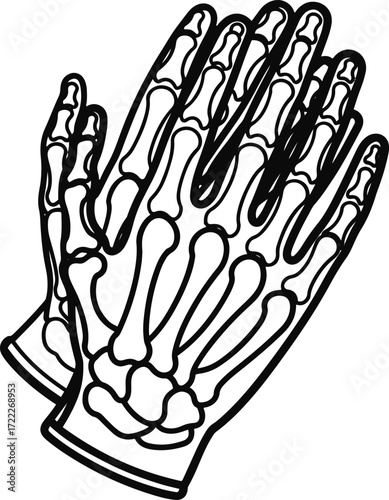 This graphic depicts a pair of gloves designed with an anatomical skeleton hand pattern.