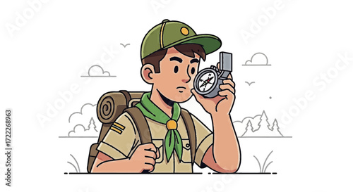 Boy Scout Using Compass Navigation and Exploration Illustration