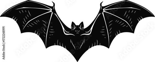 A sophisticated, intricately detailed silhouette of a bat, perfect for Halloween designs, gothic aesthetics, or any project requiring a touch of dark elegance. The black and white contrast creates a s
