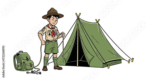 Scout setting up a tent with backpack and camping gear, illustration representing outdoor adventure and preparedness