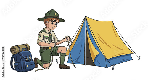 Boy Scout Sets Up Camp Exploring Outdoors and Mastering Knot-Tying Skills