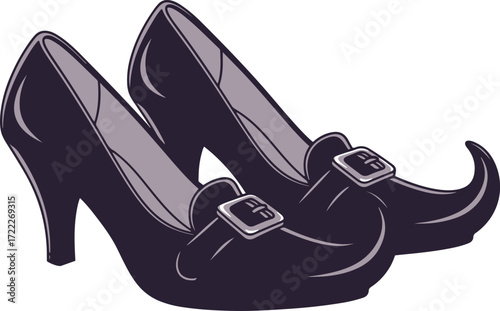 A digital illustration depicting a pair of black women's shoes with pointed, witch-like heels. The style is pixel art, giving it a retro video game aesthetic. The shoes have buckles and are shown from