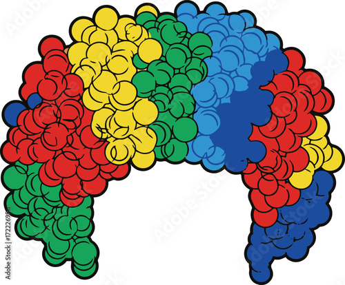 A vibrant, multicolored afro wig, rendered in a playful, pixelated style. The wig features sections of red, yellow, green, blue, and purple, creating a cheerful and celebratory aesthetic.