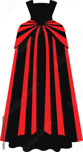 A detailed illustration of a long, dark cape with a high collar, featuring a rich crimson interior and black exterior. Perfect for Halloween, fantasy, or gothic-themed projects.