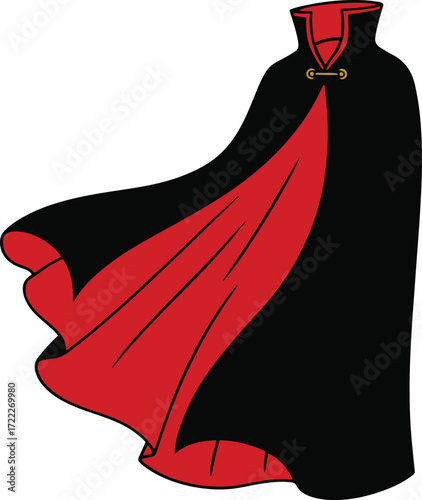 A digital illustration depicts a black cape with a red lining. The cape is shown billowing slightly, suggesting movement. The style is reminiscent of a cartoon or comic book aesthetic. T