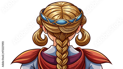 Victor Cartoon vector braided hairstyle of a female seen from behind, intricate details, soft shadows, stylish and elegant design, isolated on white background, detailed hair illustration.