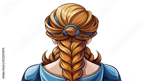 Victor Cartoon vector braided hairstyle of a female seen from behind, intricate details, soft shadows, stylish and elegant design, isolated on white background, detailed hair illustration.