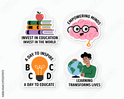 Four educational sticker designs featuring books, a brain, a lightbulb, and a person holding the Earth, promoting education and learning.