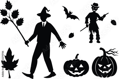 Halloween silhouette vector bundle spooky characters and pumpkins scalable eps illustration isolated on transparent background