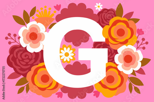 Vector letter G made of natural flowers and leaves. Floral alphabet design. Flower font concept. Unique collection of letters and numbers. Creative idea for spring, summer, and Valentine’s Day