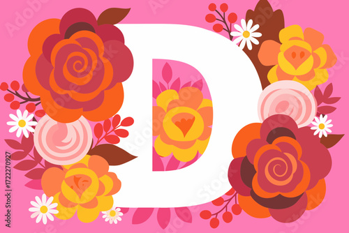 Vector letter D made of natural flowers and leaves. Floral alphabet design. Flower font concept. Unique collection of letters and numbers. Creative idea for spring, summer, and Valentine’s Day