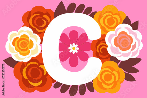 Vector letter C made of natural flowers and leaves. Floral alphabet design. Flower font concept. Unique collection of letters and numbers. Creative idea for spring, summer, and Valentine’s Day