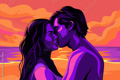 Couple Embracing Under a Golden Sunset at the Beach – Romantic Sunset Beach Illustration