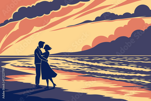 Couple Embracing Under a Golden Sunset at the Beach – Romantic Sunset Beach Illustration