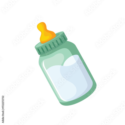 A tilted baby bottle with milk and a yellow nipple