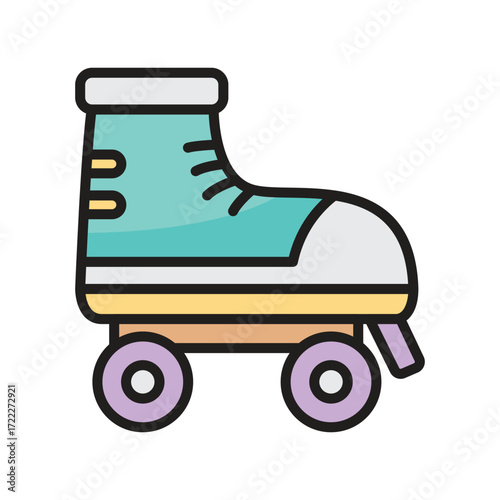 A teal and grey roller skate with purple wheels on a white background