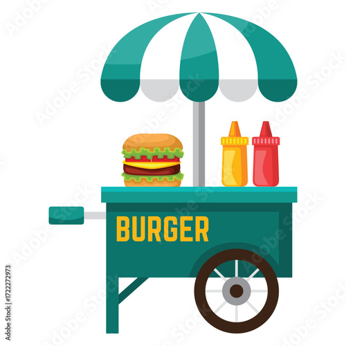 A teal burger cart with a striped umbrella a burger and two condiment bottles