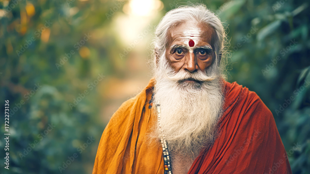 Obraz premium Indian sadhu standing in a green forest showing his spirituality