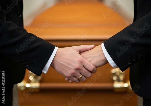 Two people in black suits shake hands at a funeral. Generative Ai