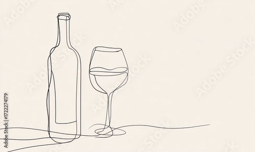 Single-line drawing of wine bottle and glass