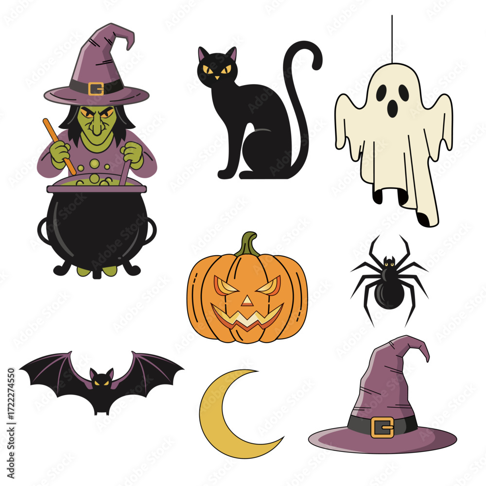 Obraz premium Halloween Icon Set – Witch with Cauldron, Black Cat, Ghost, Jack O’Lantern Pumpkin, Spider, Bat, Crescent Moon, and Witch Hat Vector Illustration