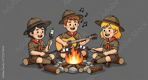 World Scout Day , the birthday of the Father of World Scouting  Campfire Friends A Cartoon Trio Singing and Roasting Marshmallows