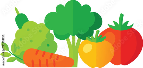 Vector illustration of fresh vegetables carrot cucumber broccoli tomato and bell pepper for healthy eating isolated on transparent background