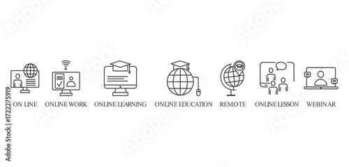 remote learning banner icon vector concept with icon of Online, Online work, Online learning, Online education, Remote, Online lesson and, Webinar