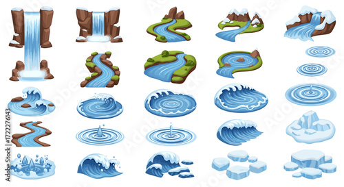 Illustration of various water features including waterfalls rivers waves and ice formations on a white background on transparent background