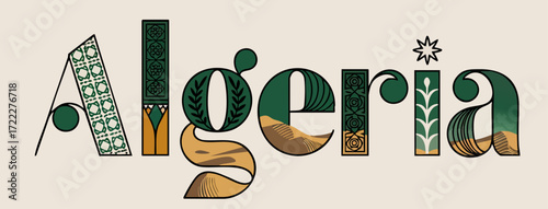 Algeria typography illustration with traditional patterns, desert landscape, and geometric art in green and gold on beige background