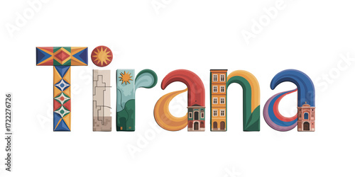 Colorful Tirana Albania City Name Art – Modern Vector Illustration with Landmarks, Architecture, and Culture Elements on Transparent Background