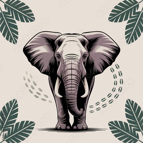 Majestic Elephant Illustration with Jungle Leaves and Footprints, Vintage Engraving Style Animal Art on Beige Background