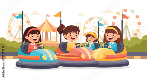 Adobe illustrator artwork vector illustration of cheerful children enjoying bumper cars at an amusement park with Ferris wheels and tents in the background. Fun-filled carnival game for kids